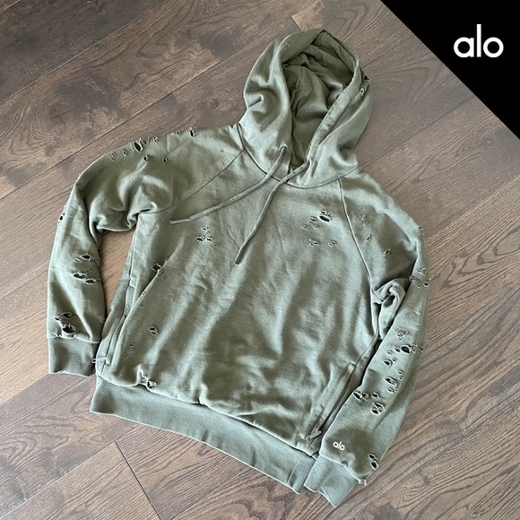 Alo Yoga Ripped Hoodie in Hunter Green - Rare - Picture 1 of 7